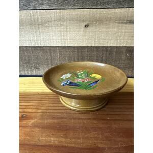 Vintage Cuendet Wood Hand Painted Musical Spins Pedestal Bowl Happy Wanderer